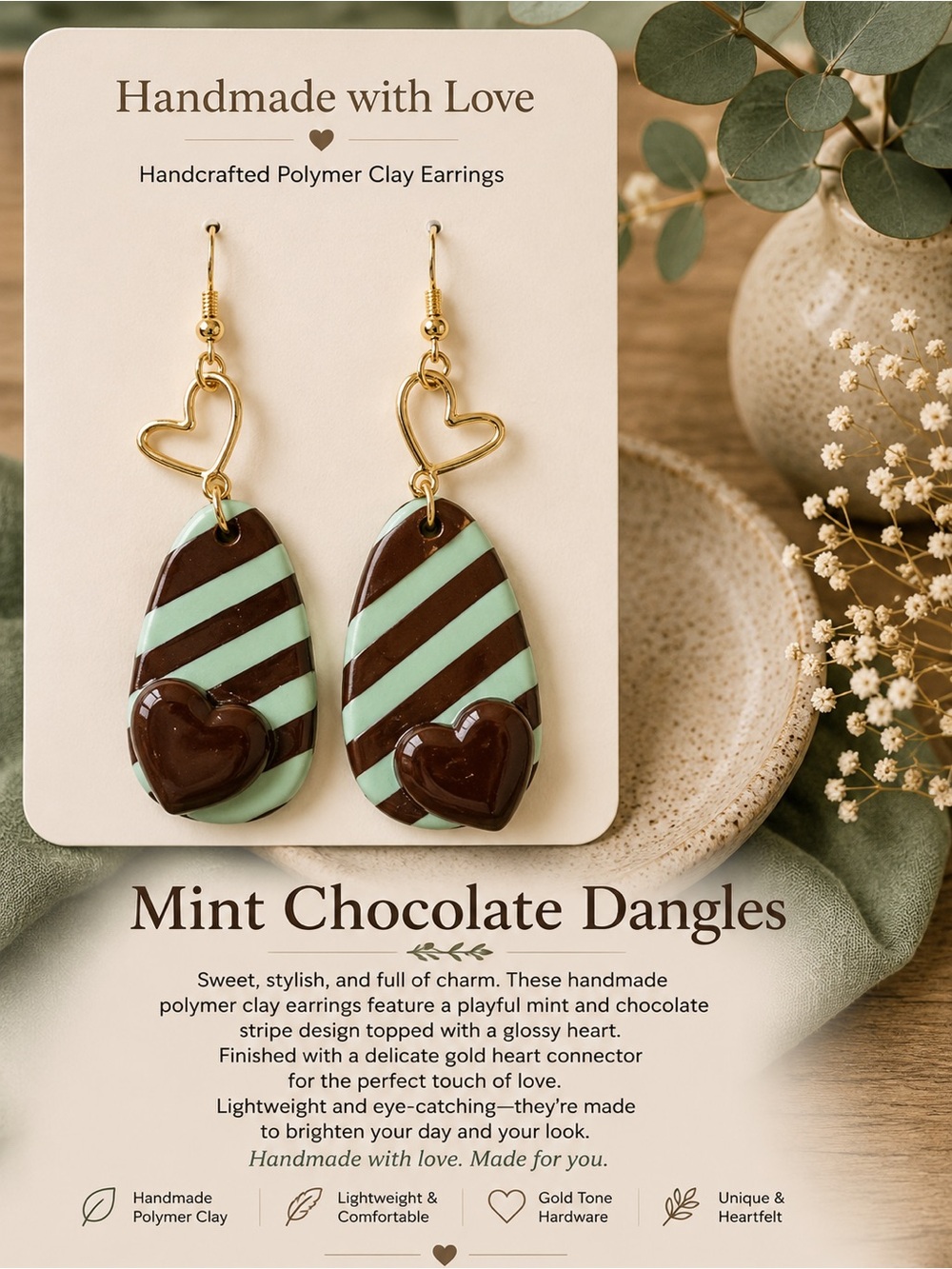 Handmade Mint Chocolate Dangle Earrings with Gold Heart Connector